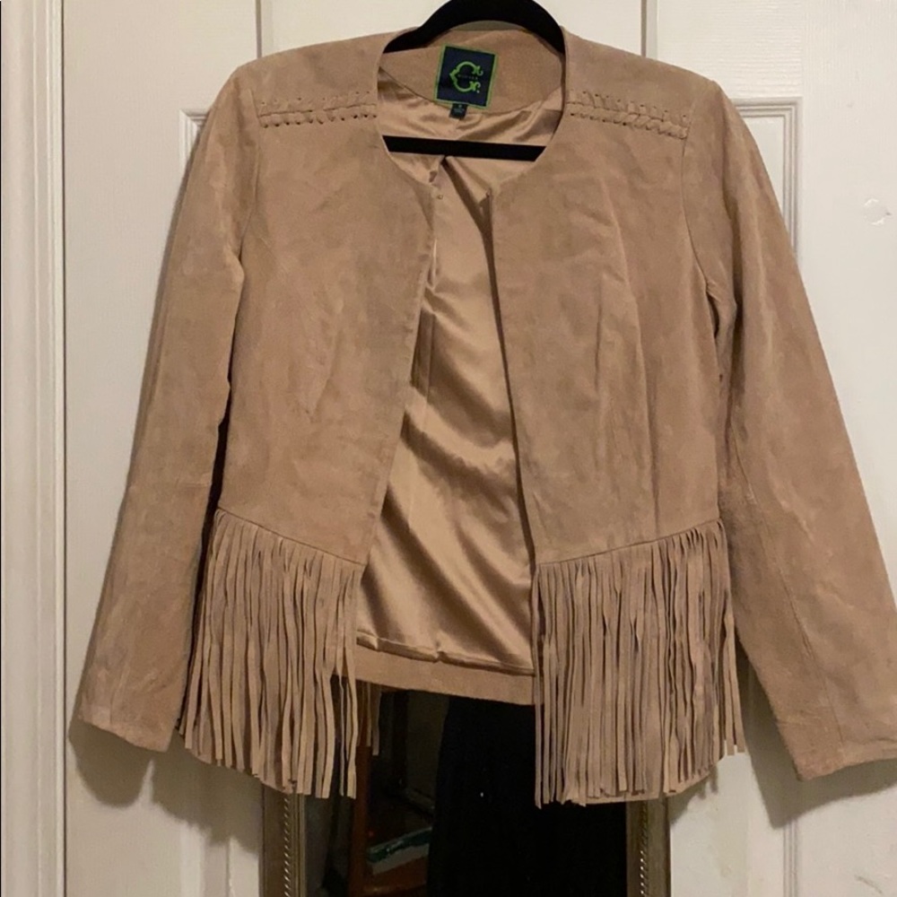 C Wonder faux suede fringe jacket in tan size 8